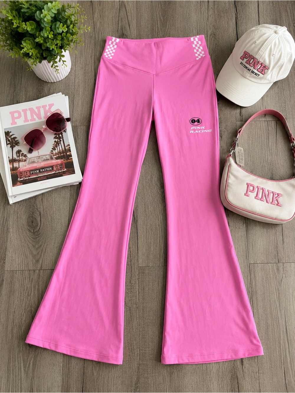 Victoria’s Secret PINK Racing Y2K Flare Leggings Pink Checkered M